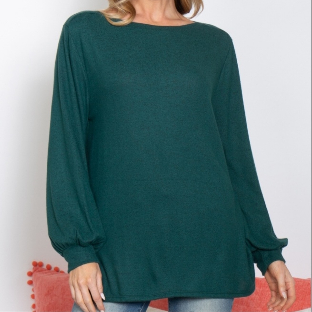 PUFF SLEEVED BOAT NECK BRUSHED HACCI TOP- HUNTER GREEN - Picture 2 of 6